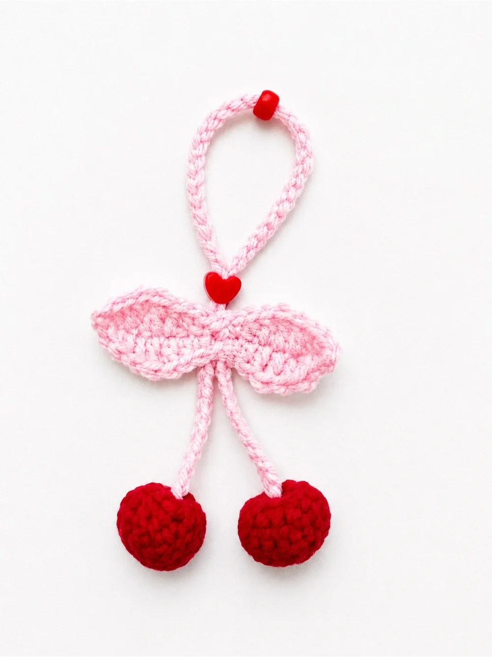 Handmade Pink & Red Crochet Cherry Keychain Accessory